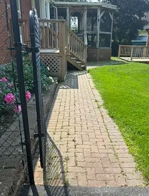 interlocking filled with grass and dirty paving stones