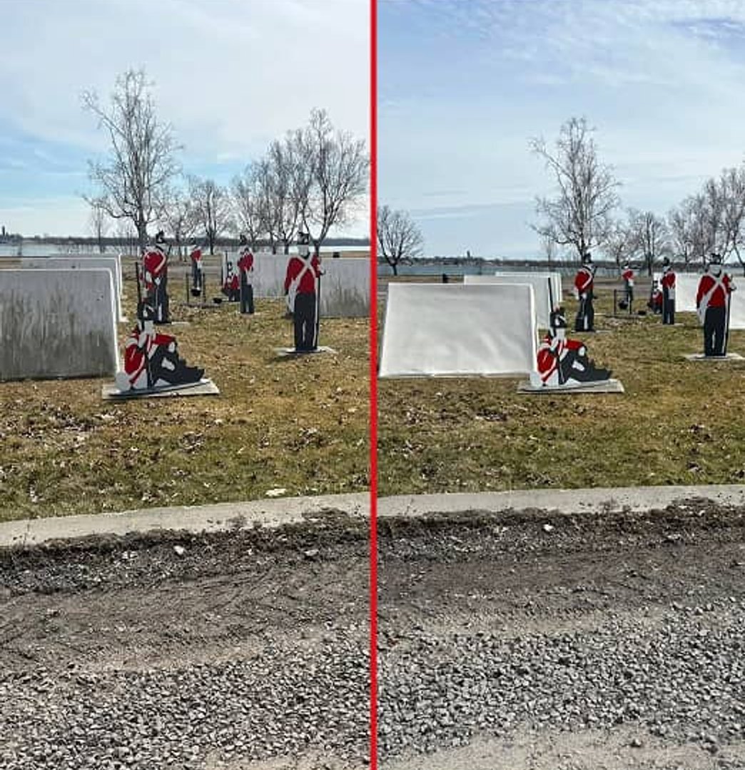 Red coat signs before and after has been pressure wash at Fort Wellington in Prescott, Ontario