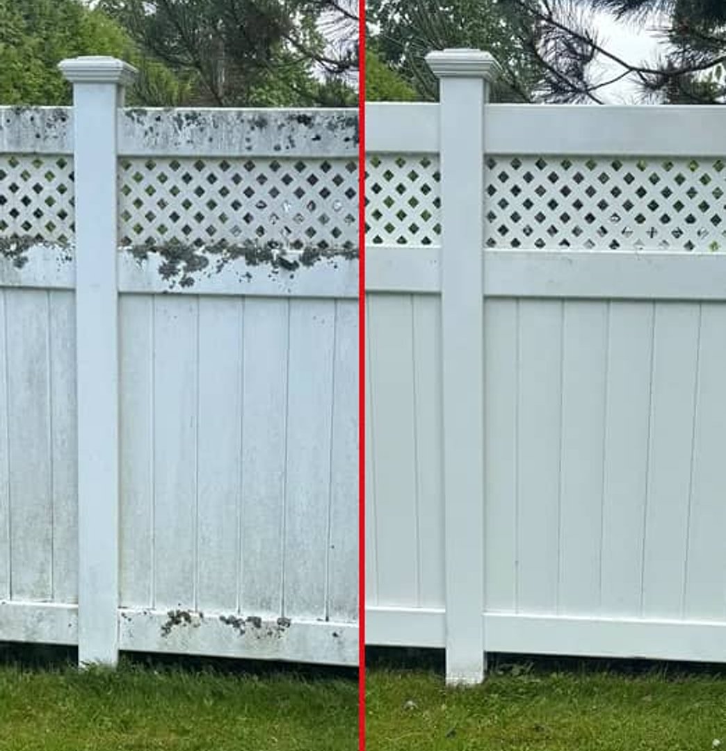 Before and after of cleaned PVC fence in Brockville, Ontario