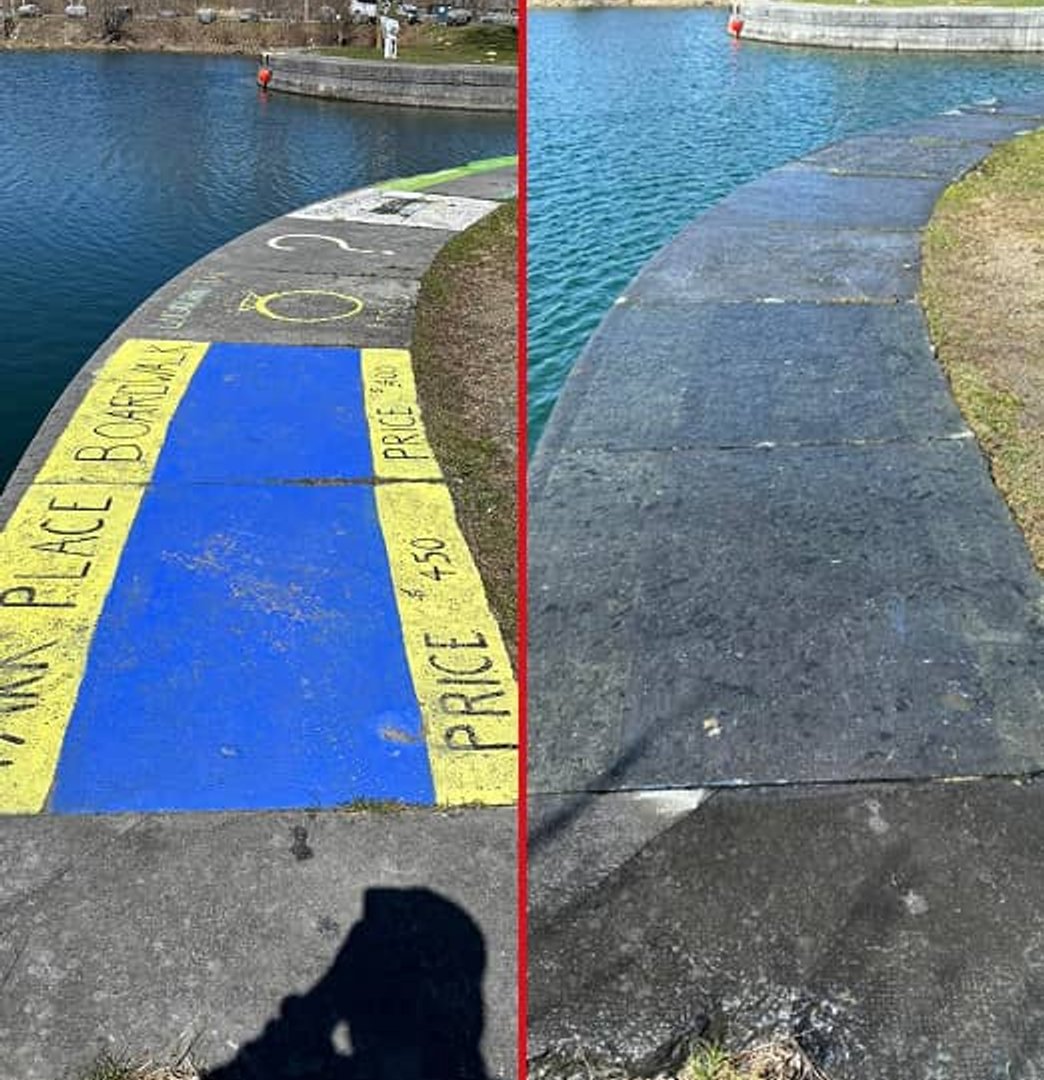 Before and After side walk graffiti removal in Johnstown, Ontario