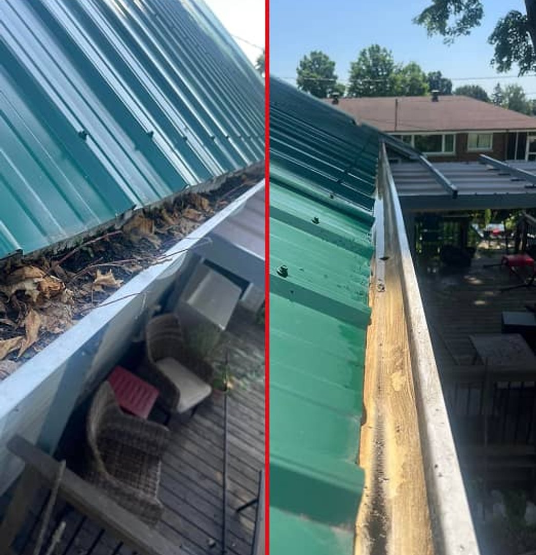 Before and after of cleaned gutters in Prescott, Ontario