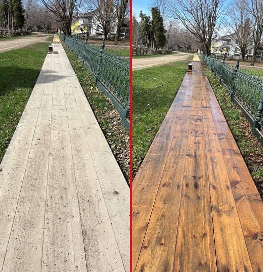 Before and after of clean hardwood deck in Prescott, Ontario